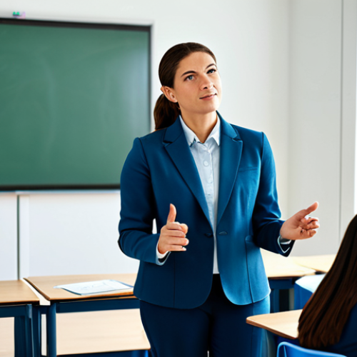 Home 4 A professional female teacher, fully clothed in a modest professional blazer and slacks, standing confidently at the front of a brightly lit, modern classroom. She is gesturing towards a large interactive smart board displaying sophisticated educational AI software, with a thoughtful and engaged expression. Students are visible at their desks, actively learning with tablets and laptops. The classroom is clean, organized, and filled with natural light, emphasizing a forward-thinking learning environment. Perfect anatomy, correct proportions, natural pose, well-formed hands, proper finger count. Professional photography, high quality, safe for work, appropriate content, family-friendly.