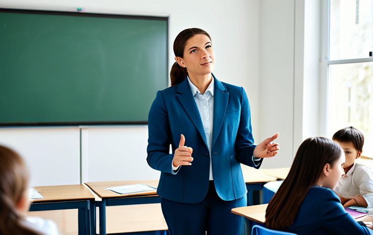 A professional female teacher, fully clothed in a modest professional blazer and slacks, standing confidently at the front of a brightly lit, modern classroom. She is gesturing towards a large interactive smart board displaying sophisticated educational AI software, with a thoughtful and engaged expression. Students are visible at their desks, actively learning with tablets and laptops. The classroom is clean, organized, and filled with natural light, emphasizing a forward-thinking learning environment. Perfect anatomy, correct proportions, natural pose, well-formed hands, proper finger count. Professional photography, high quality, safe for work, appropriate content, family-friendly.