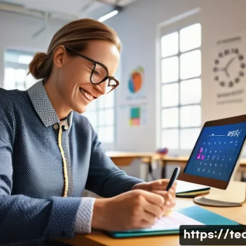 Home 33 교사 업무량 줄이는 팁 - A focused teacher sitting at a modern desk in a bright classroom, using a digital tablet and laptop ...