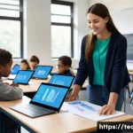 Home 20 교사 학습 분석 도구 활용법 - A modern classroom scene showing a diverse group of students engaged with digital learning tools on ...