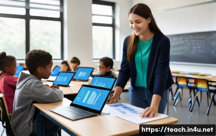 교사 학습 분석 도구 활용법 - A modern classroom scene showing a diverse group of students engaged with digital learning tools on ...
