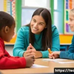 Home 19 교사 학급 경영 사례 - A warm and engaging elementary classroom scene where a diverse group of students actively participat...