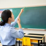 Home 18 교사 취업을 위한 추천 학위 - A professional classroom scene featuring a confident female teacher in her 30s wearing modest profes...