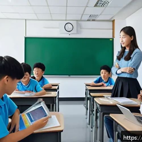 Home 17 교사 블렌디드 러닝 활용 사례 - A modern classroom scene showing a diverse group of middle school students engaged in a blended lear...