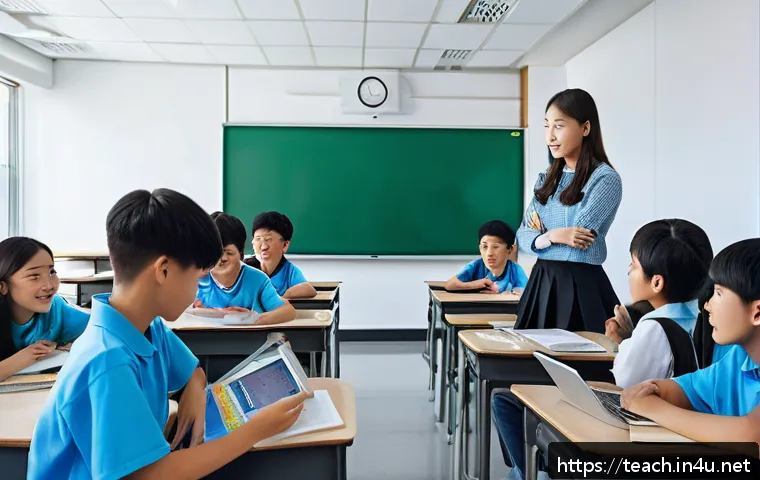 교사 블렌디드 러닝 활용 사례 - A modern classroom scene showing a diverse group of middle school students engaged in a blended lear...