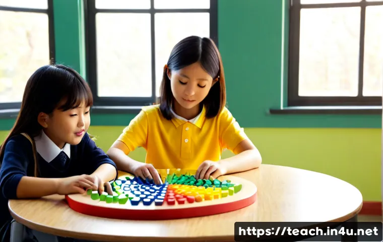 Home 17 교사 수학 지도 방법 - Photorealistic classroom scene, a friendly elementary school teacher guiding two students through ha...