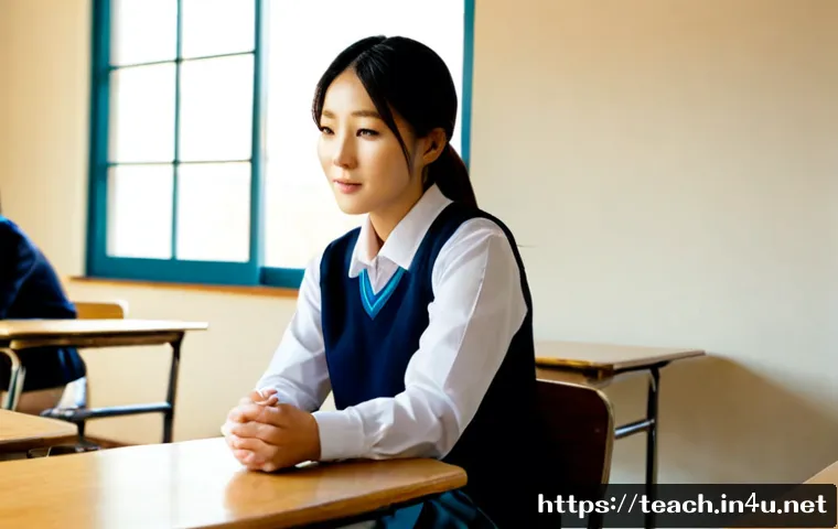 Home 17 교사 학생 감정 지원 사례 - Photorealistic classroom counseling moment, a compassionate middle-aged teacher seated at eye level ...